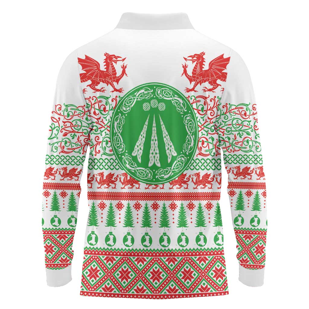 Welsh Christmas Long Sleeve Polo Shirt Awen and Celtics Culture with Xmas Elements - Wonder Print Shop