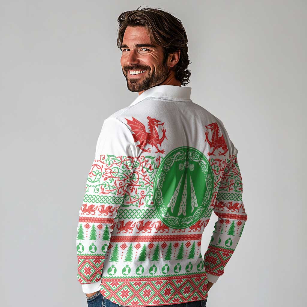 Welsh Christmas Long Sleeve Polo Shirt Awen and Celtics Culture with Xmas Elements - Wonder Print Shop