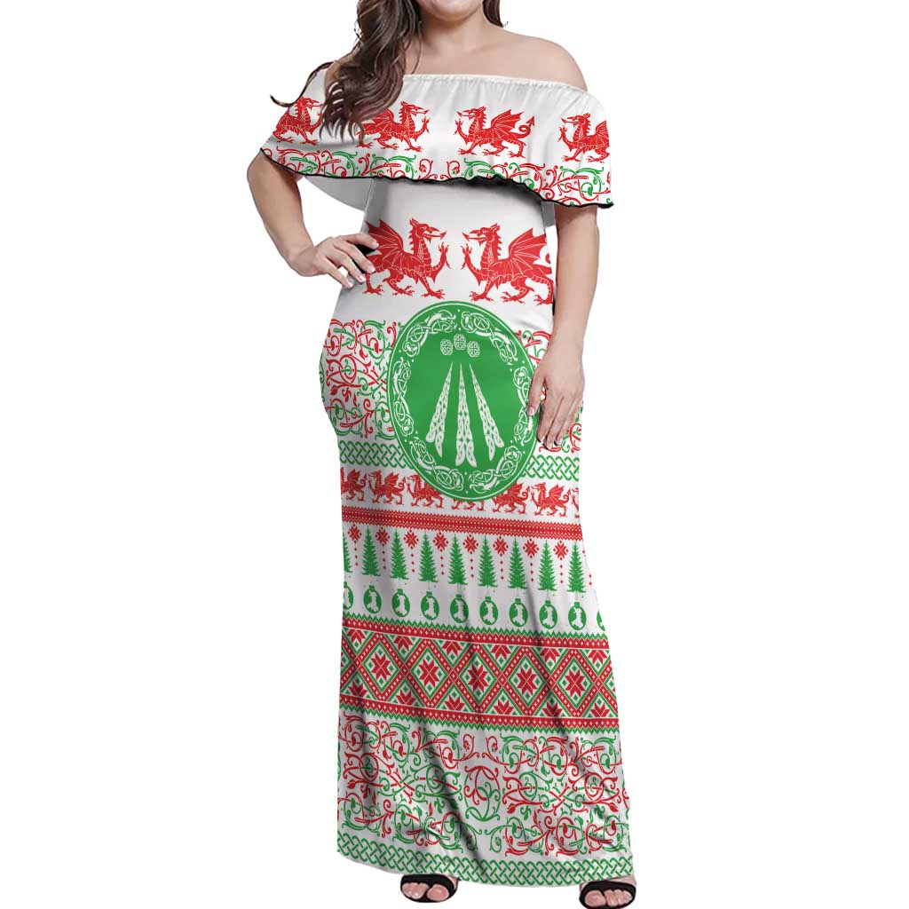 Welsh Christmas Off Shoulder Maxi Dress Awen and Celtics Culture with Xmas Elements - Wonder Print Shop