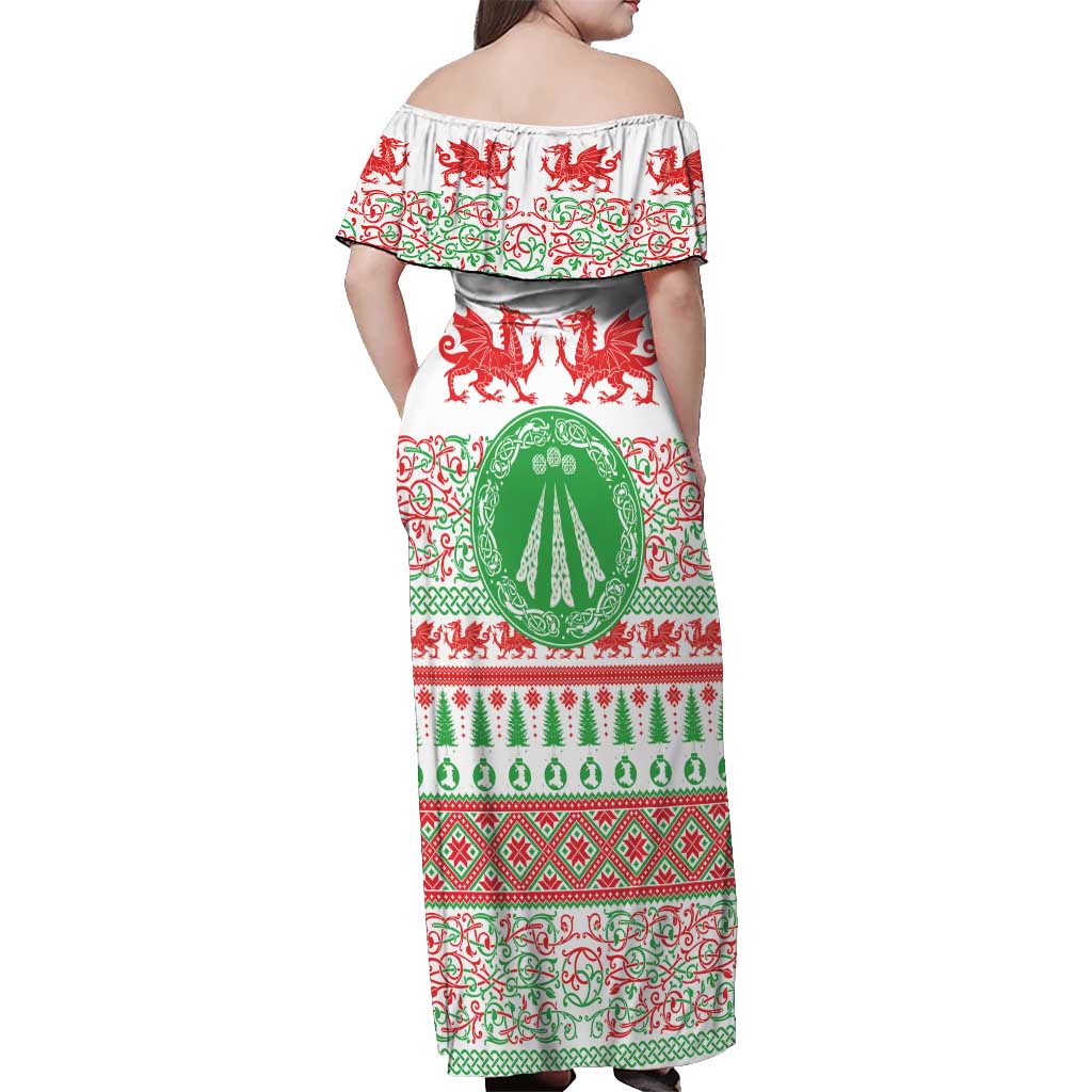Welsh Christmas Off Shoulder Maxi Dress Awen and Celtics Culture with Xmas Elements - Wonder Print Shop