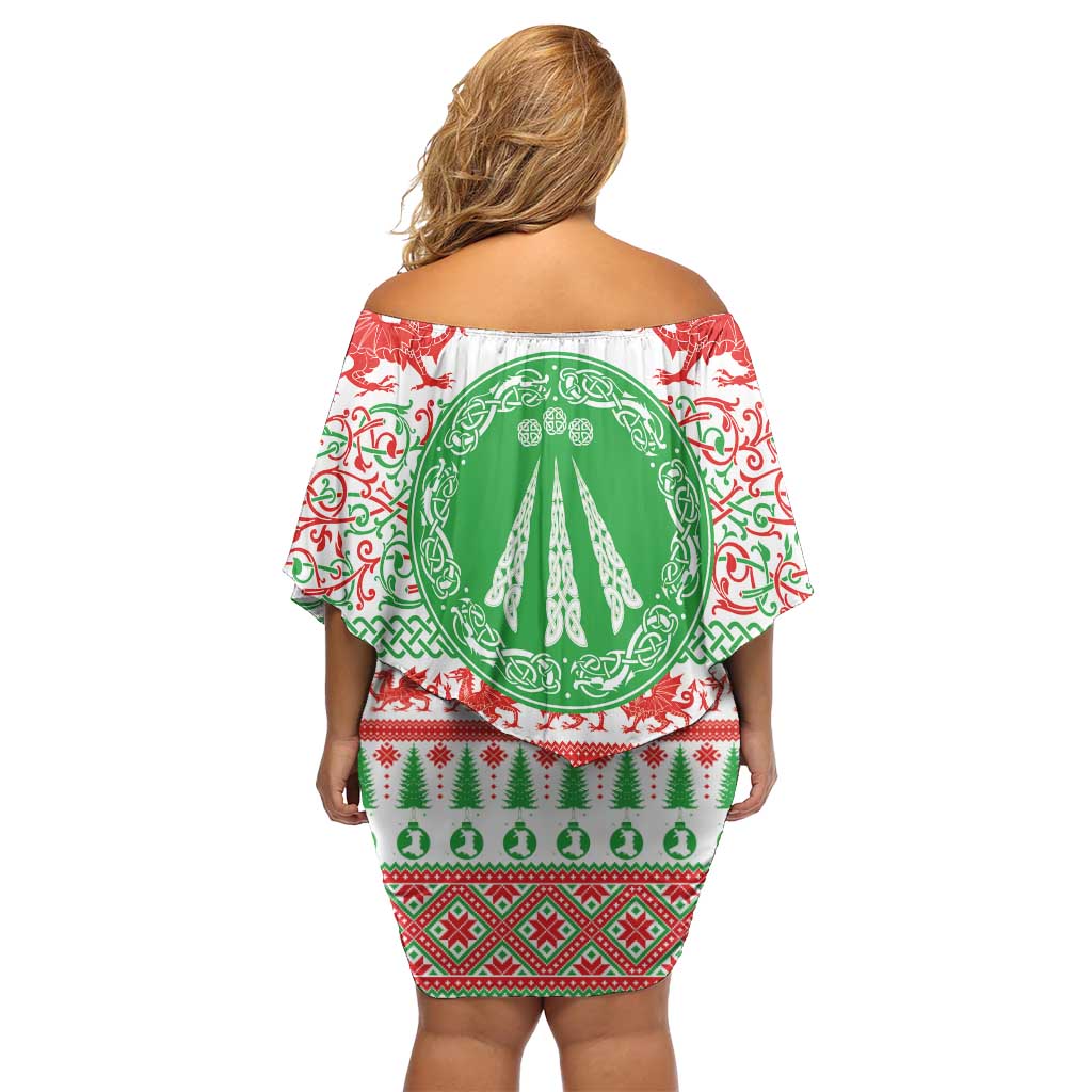 Welsh Christmas Off Shoulder Short Dress Awen and Celtics Culture with Xmas Elements - Wonder Print Shop