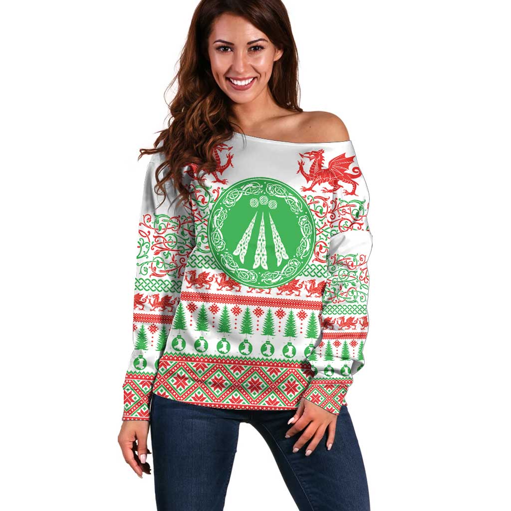 Welsh Christmas Off Shoulder Sweater Awen and Celtics Culture with Xmas Elements - Wonder Print Shop