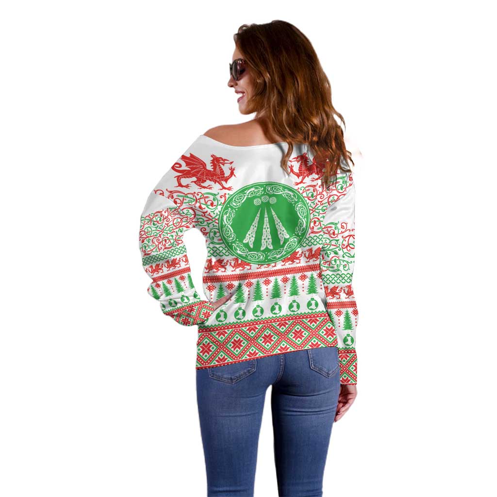 Welsh Christmas Off Shoulder Sweater Awen and Celtics Culture with Xmas Elements - Wonder Print Shop