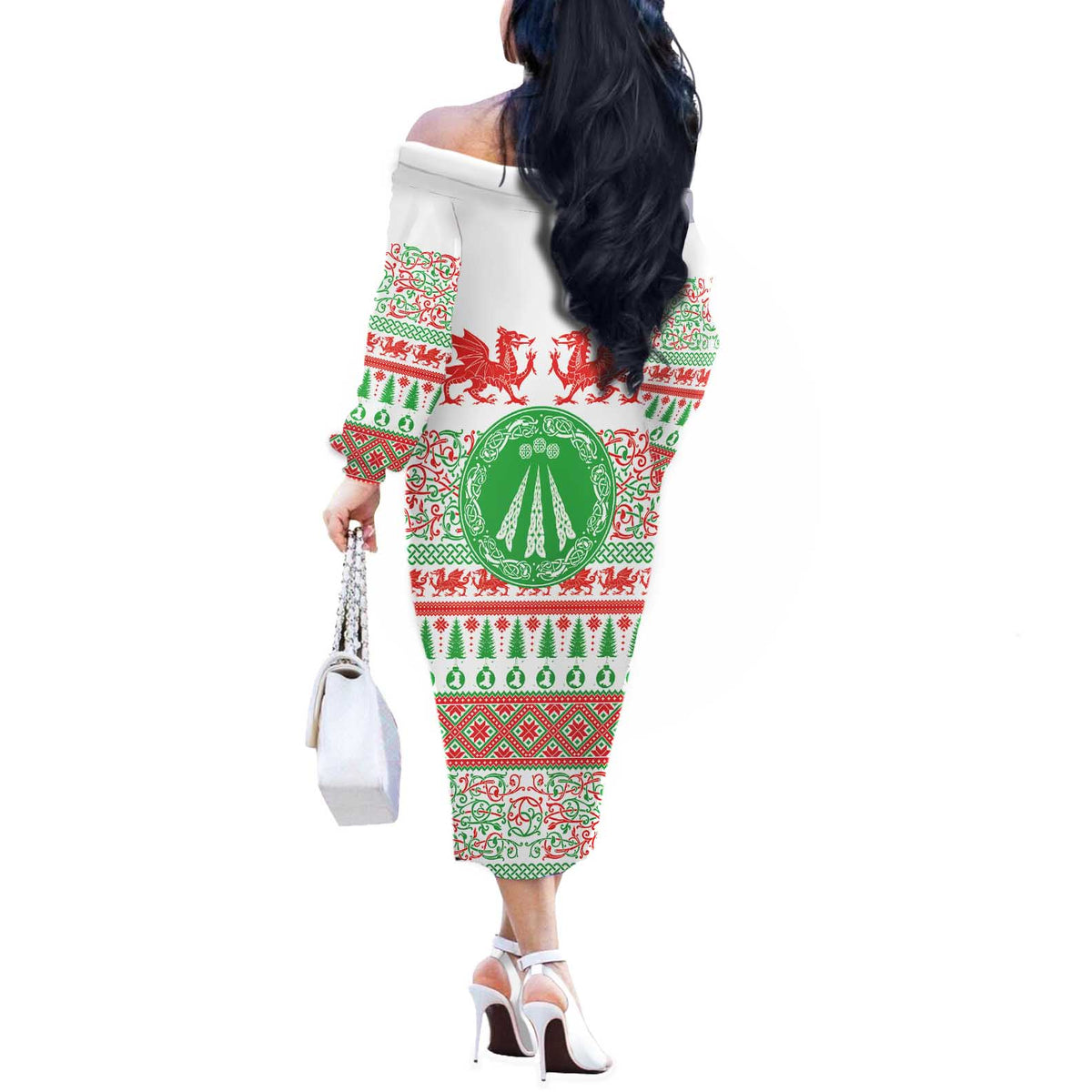 Welsh Christmas Off The Shoulder Long Sleeve Dress Awen and Celtics Culture with Xmas Elements - Wonder Print Shop