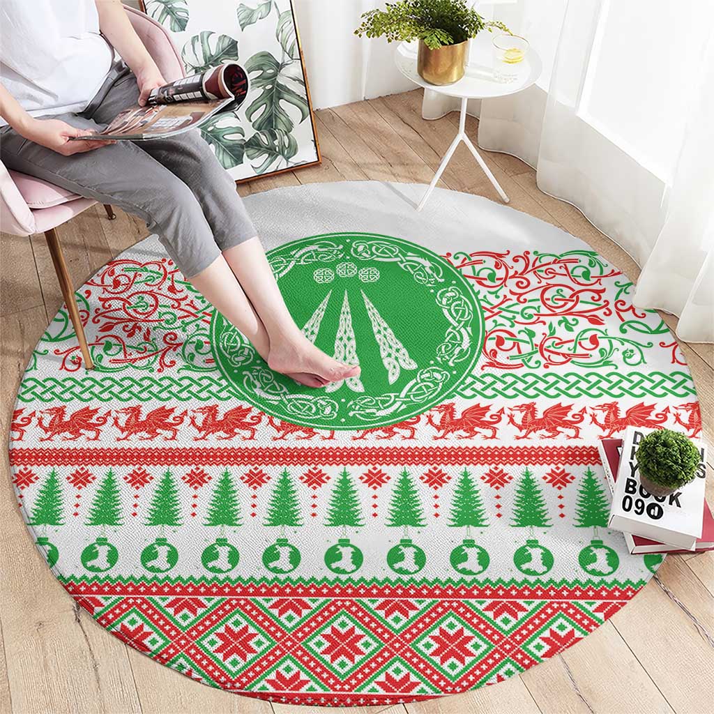 Welsh Christmas Round Carpet Awen and Celtics Culture with Xmas Elements - Wonder Print Shop