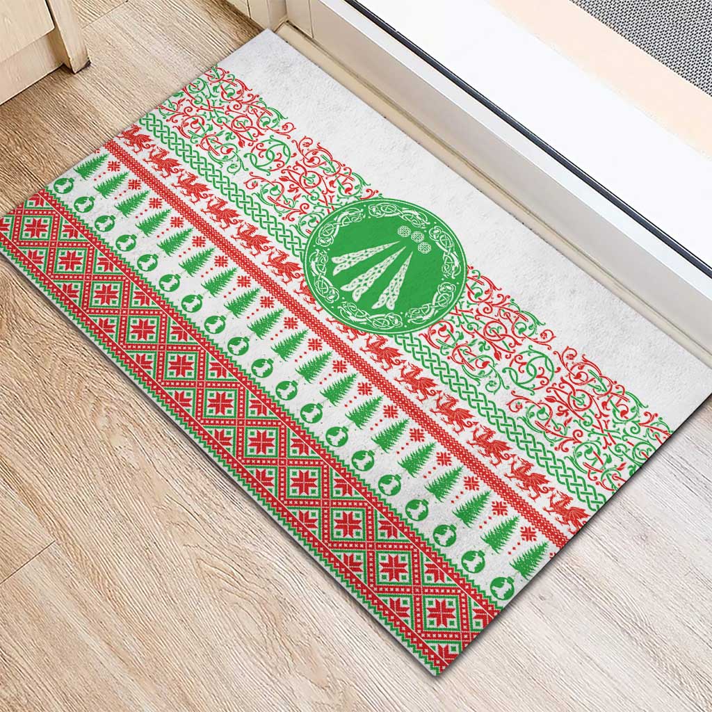 Welsh Christmas Rubber Doormat Awen and Celtics Culture with Xmas Elements - Wonder Print Shop