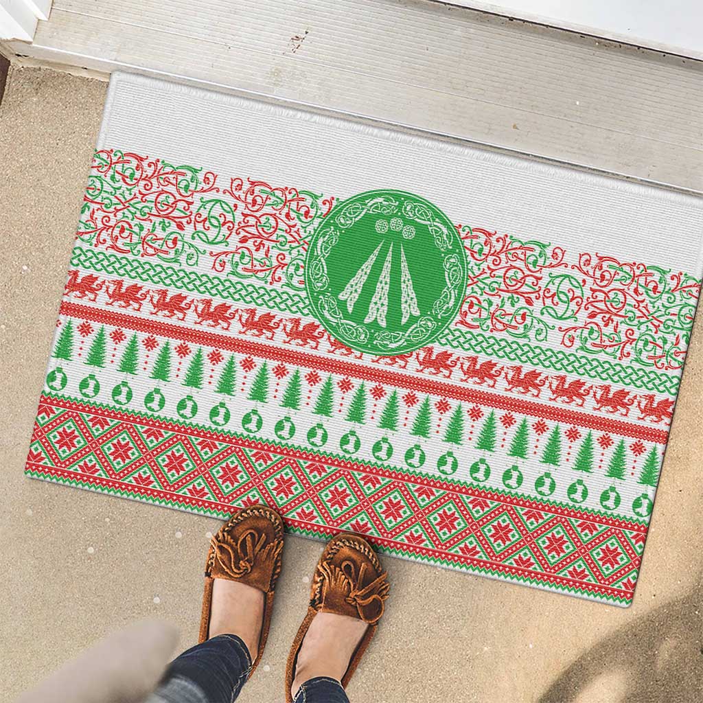 Welsh Christmas Rubber Doormat Awen and Celtics Culture with Xmas Elements - Wonder Print Shop