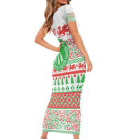 Welsh Christmas Short Sleeve Bodycon Dress Awen and Celtics Culture with Xmas Elements - Wonder Print Shop