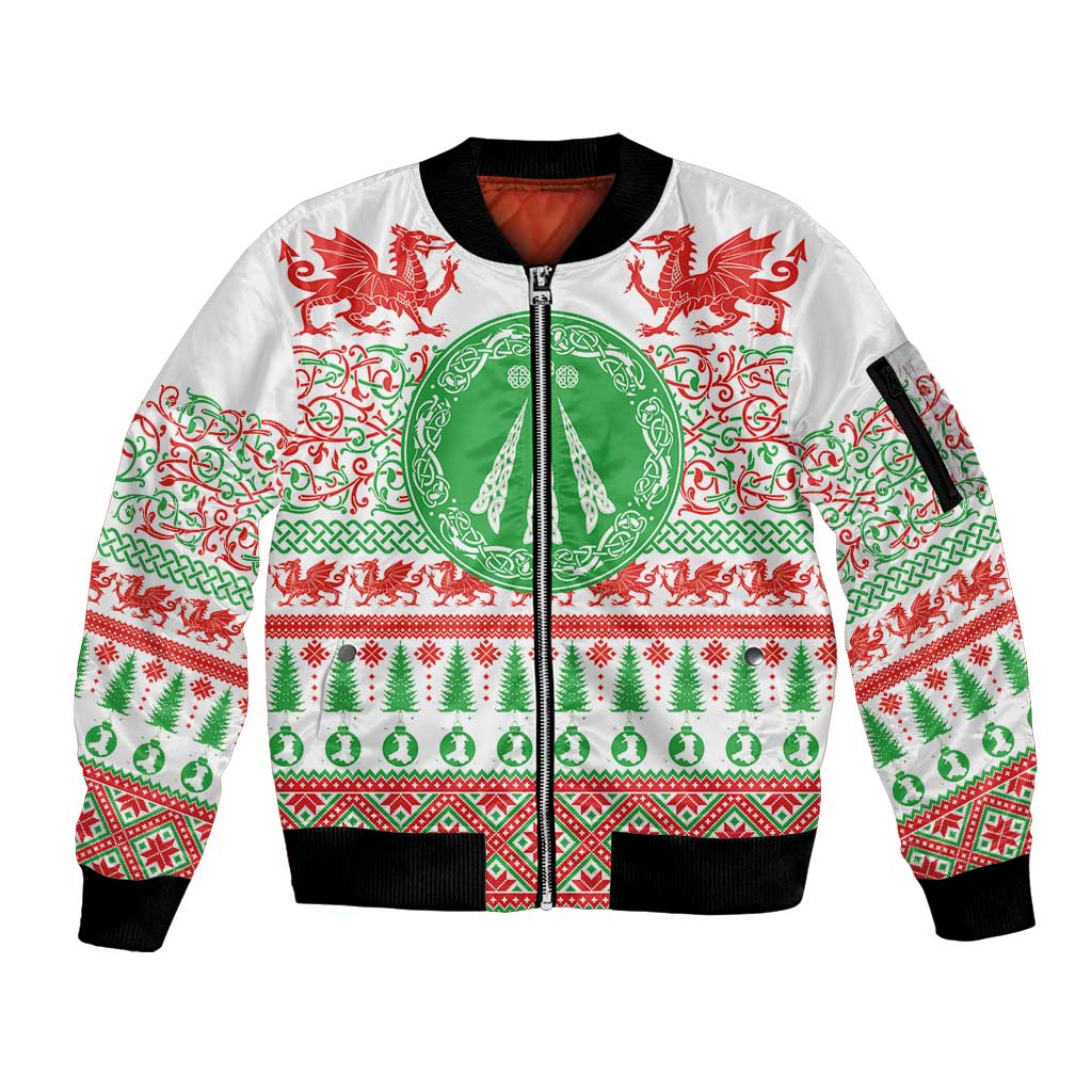 Welsh Christmas Sleeve Zip Bomber Jacket Awen and Celtics Culture with Xmas Elements - Wonder Print Shop
