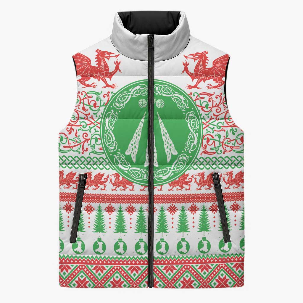 Welsh Christmas Sleeveless Puffer Jacket Awen and Celtics Culture with Xmas Elements - Wonder Print Shop