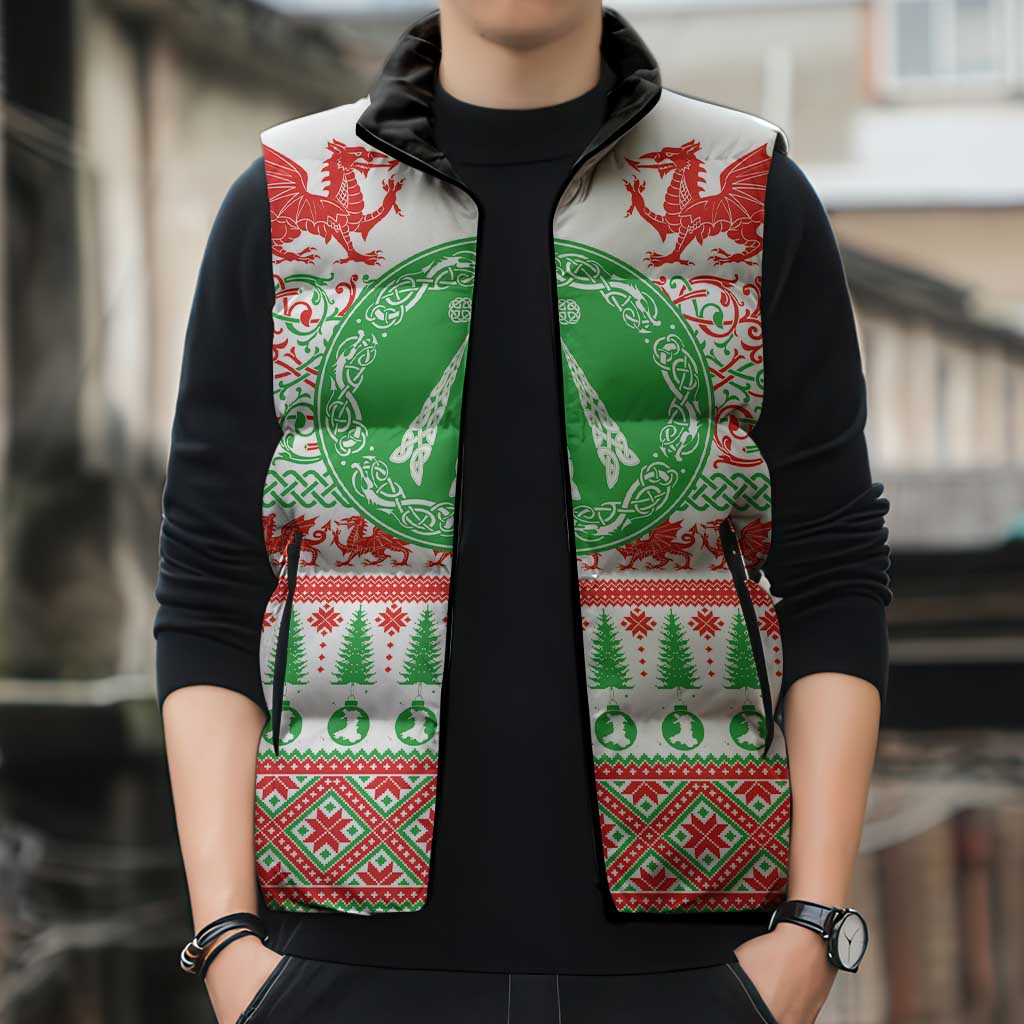 Welsh Christmas Sleeveless Puffer Jacket Awen and Celtics Culture with Xmas Elements - Wonder Print Shop
