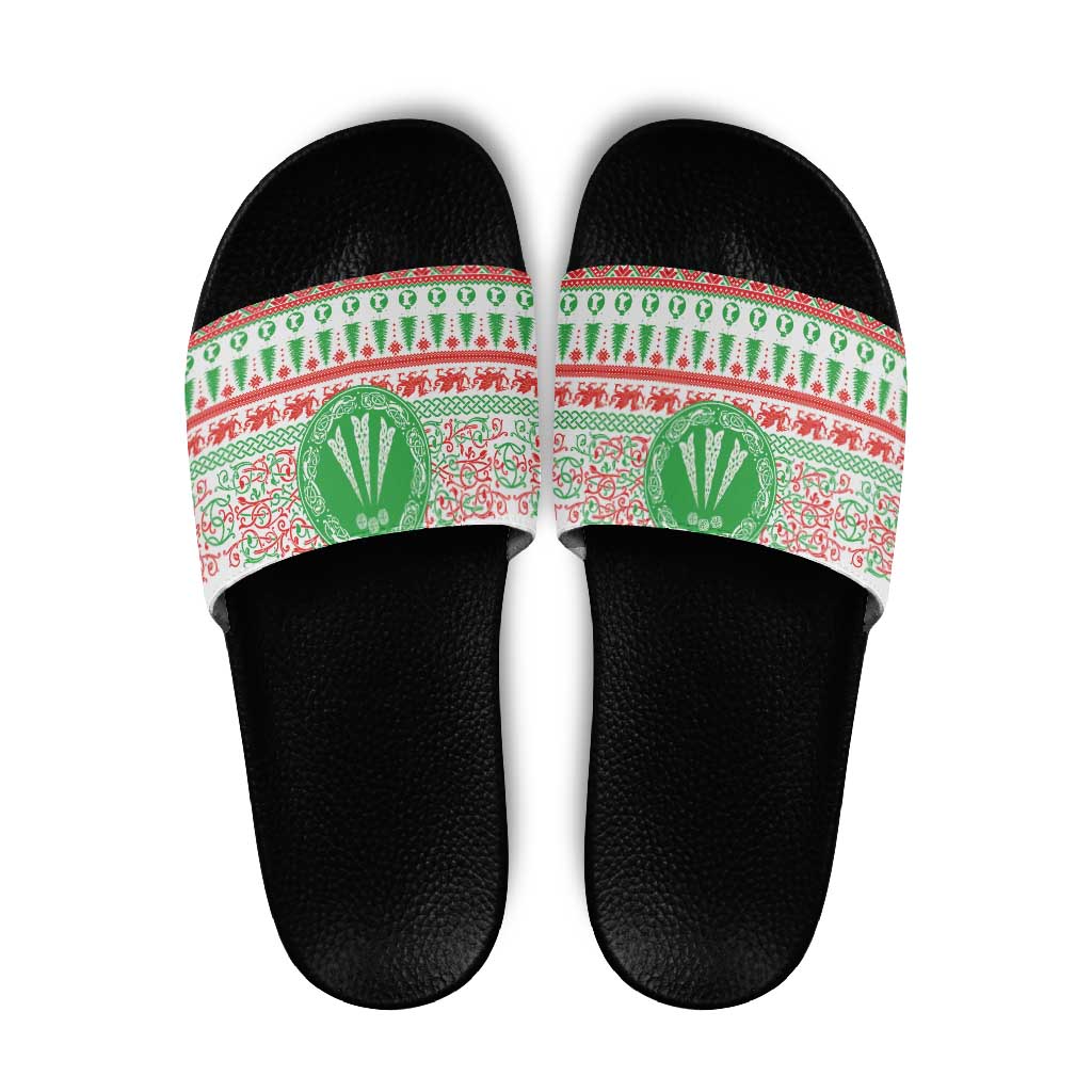 Welsh Christmas Slide Sandals Awen and Celtics Culture with Xmas Elements - Wonder Print Shop