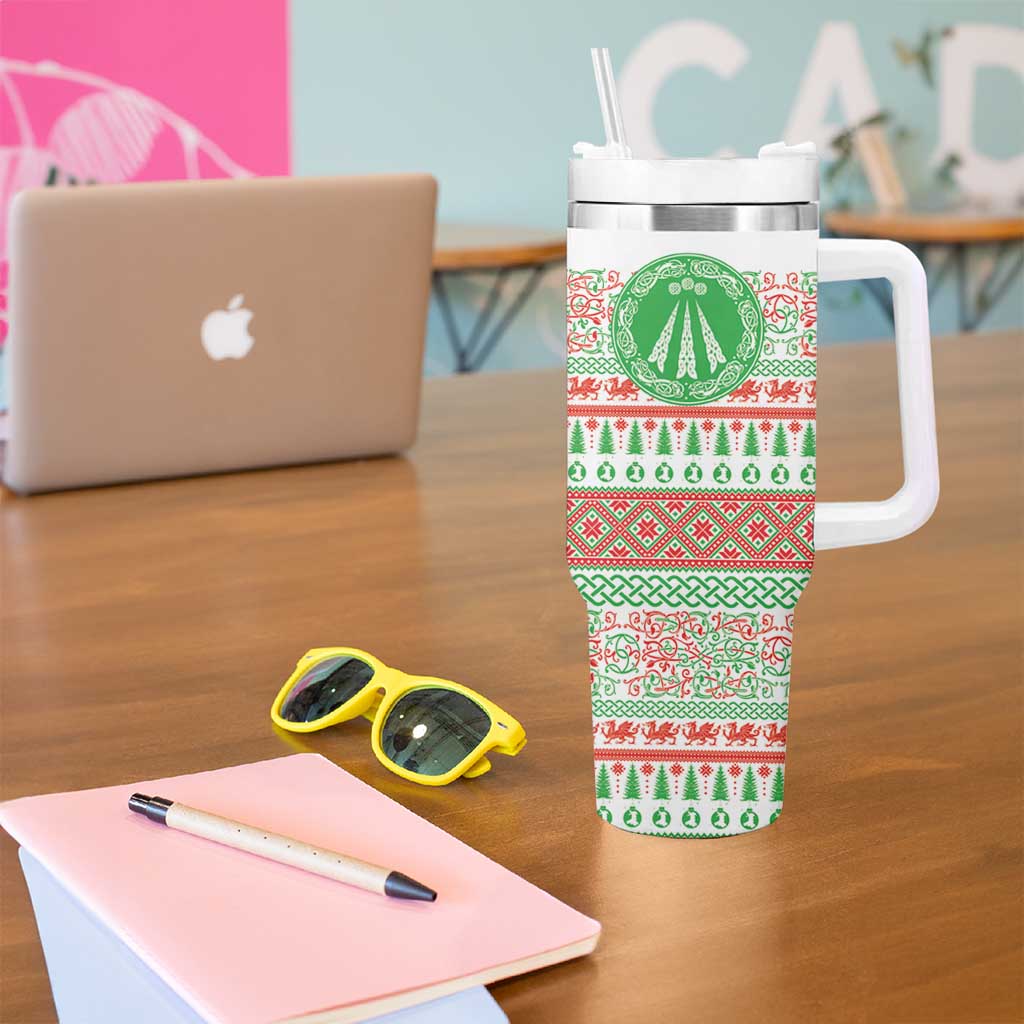 Welsh Christmas Tumbler With Handle Awen and Celtics Culture with Xmas Elements - Wonder Print Shop
