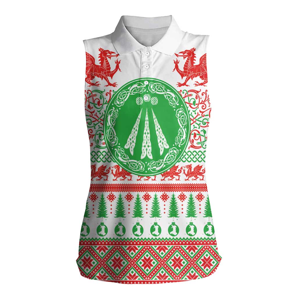 Welsh Christmas Women Sleeveless Polo Shirt Awen and Celtics Culture with Xmas Elements - Wonder Print Shop