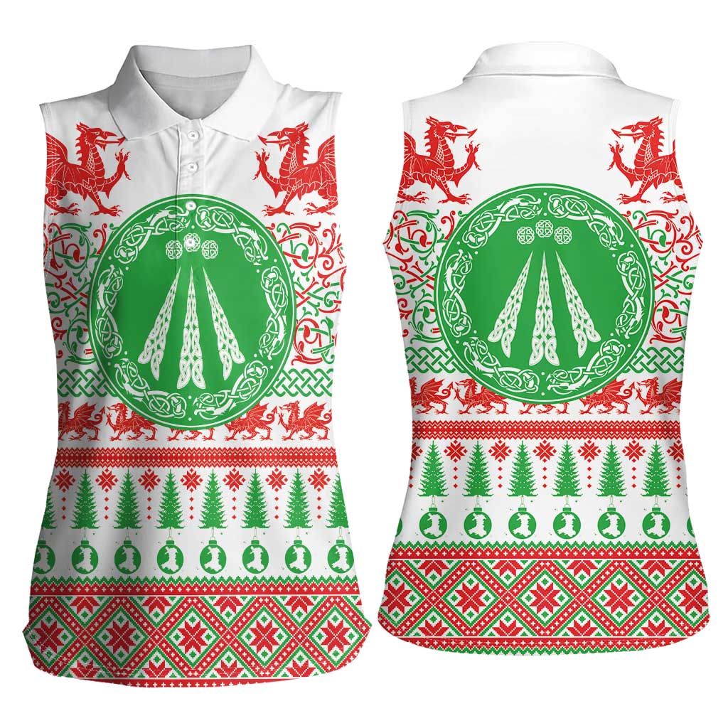 Welsh Christmas Women Sleeveless Polo Shirt Awen and Celtics Culture with Xmas Elements - Wonder Print Shop