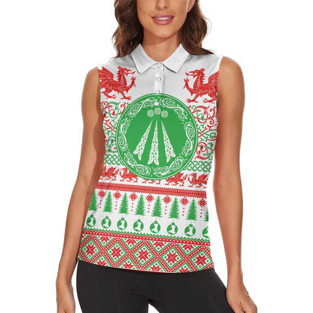 Welsh Christmas Women Sleeveless Polo Shirt Awen and Celtics Culture with Xmas Elements - Wonder Print Shop