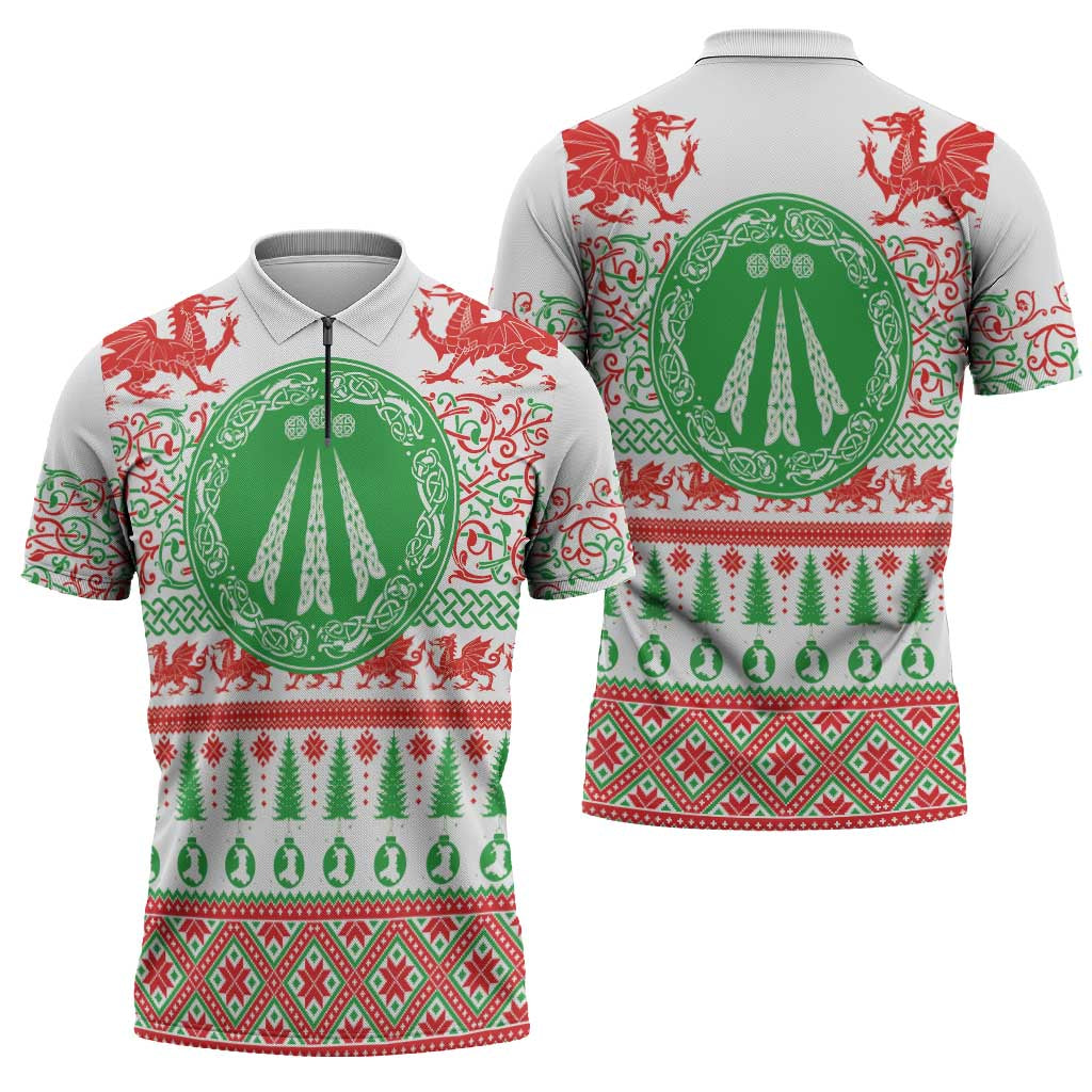 Welsh Christmas Zipper Polo Shirt Awen and Celtics Culture with Xmas Elements - Wonder Print Shop