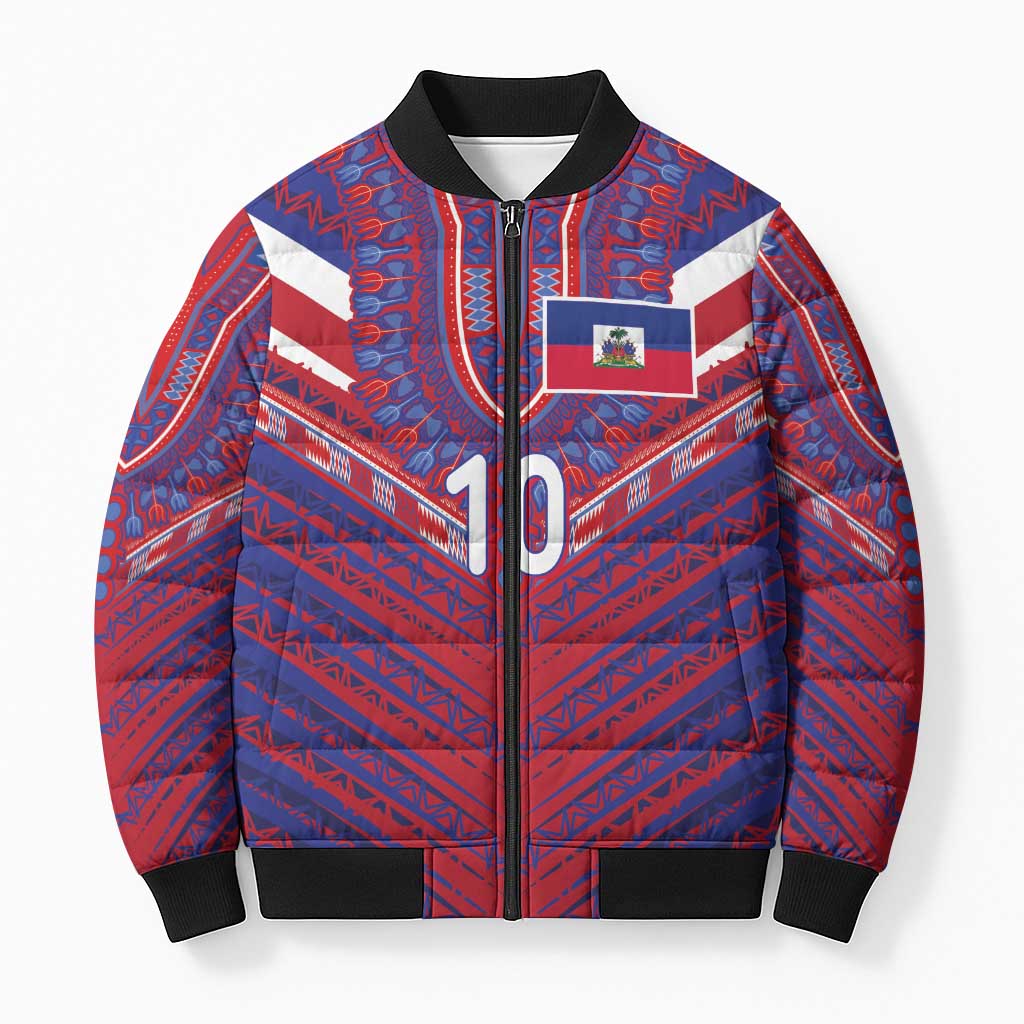 Custom Haiti National Football Bomber Puffer Jacket Dashiki Sporty Style - Wonder Print Shop