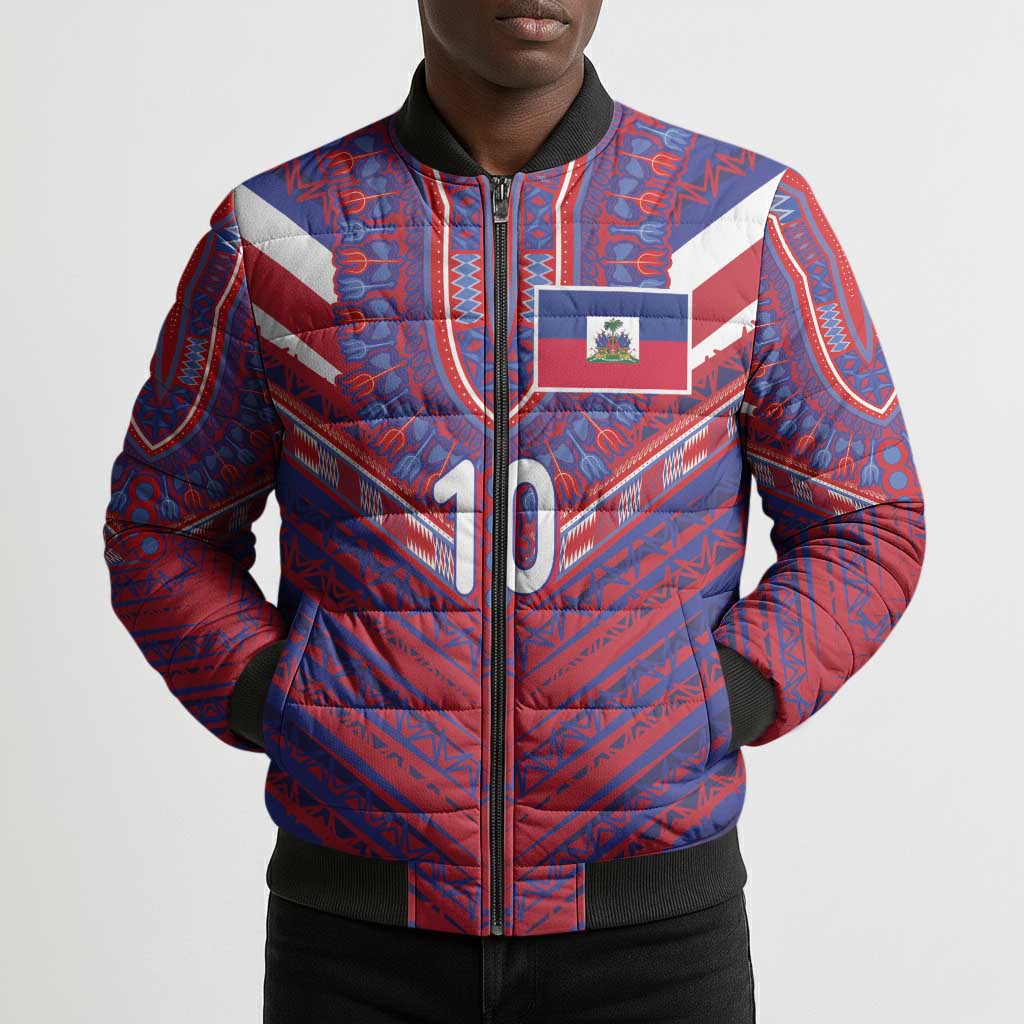 Custom Haiti National Football Bomber Puffer Jacket Dashiki Sporty Style - Wonder Print Shop