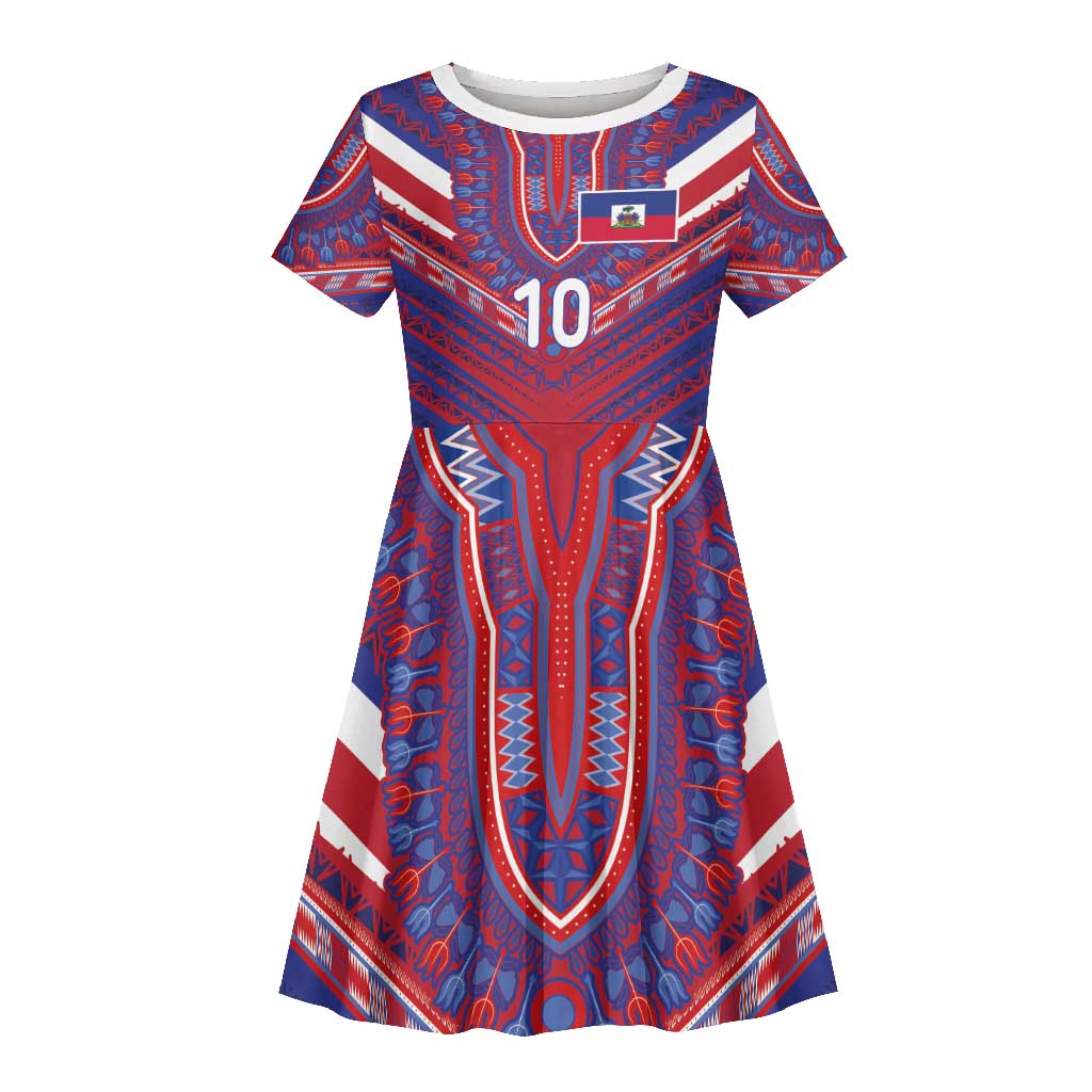 Custom Haiti National Football Kid Short Sleeve Dress Dashiki Sporty Style - Wonder Print Shop