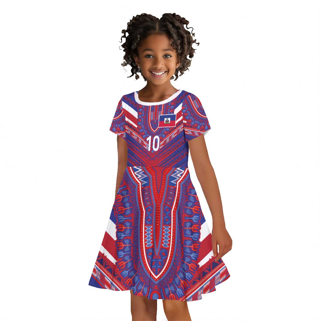 Custom Haiti National Football Kid Short Sleeve Dress Dashiki Sporty Style - Wonder Print Shop