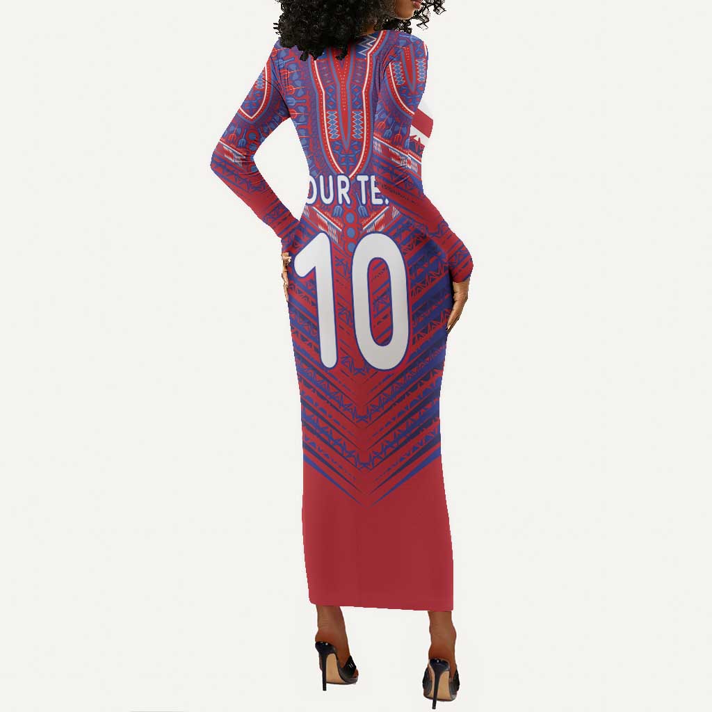 Custom Haiti National Football Long Sleeve Bodycon Dress Dashiki Sporty Style - Wonder Print Shop