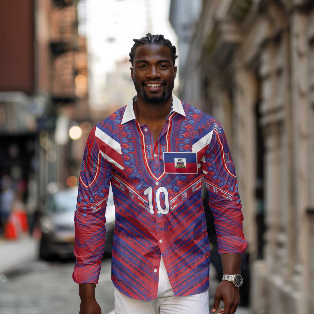 Custom Haiti National Football Long Sleeve Button Shirt Dashiki Sporty Style - Wonder Print Shop