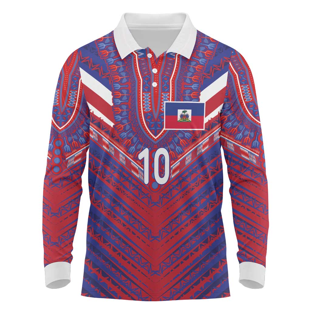 Custom Haiti National Football Long Sleeve Polo Shirt Dashiki Sporty Style - Wonder Print Shop