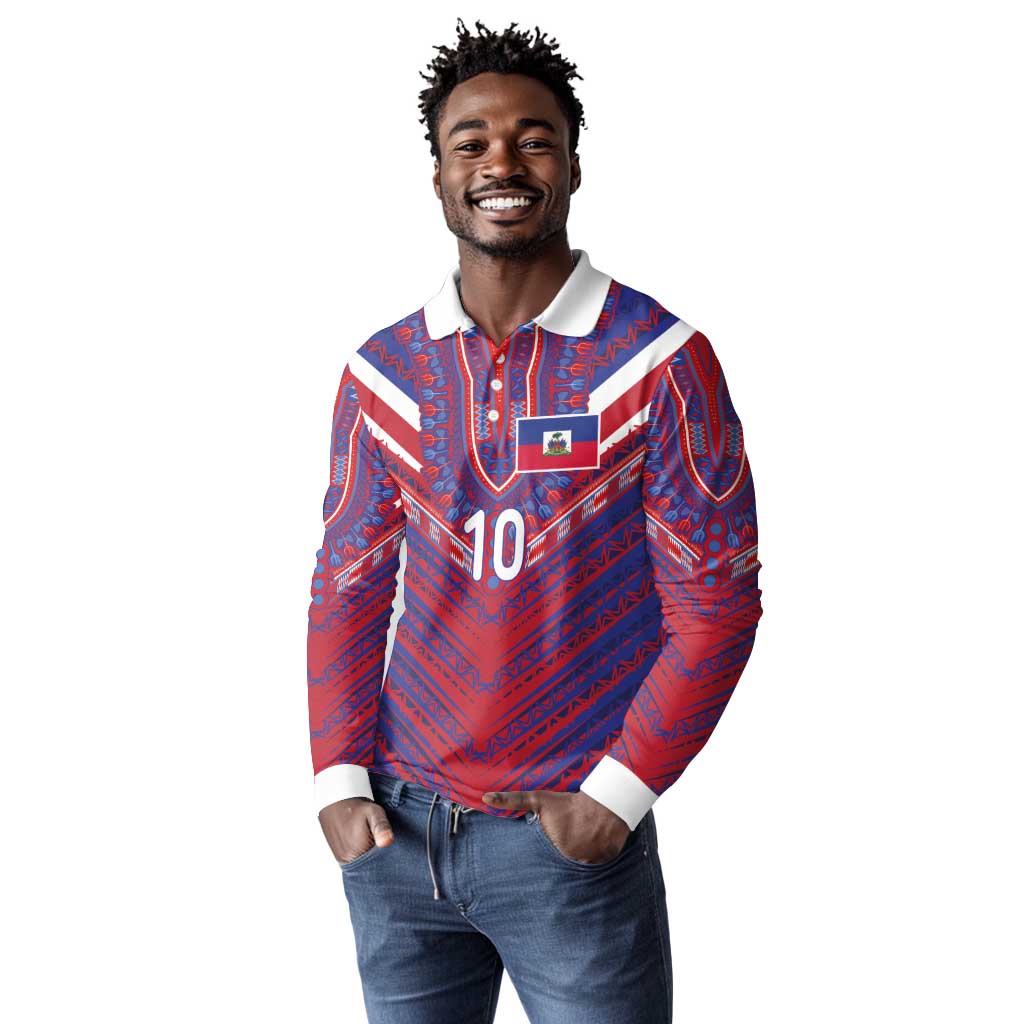 Custom Haiti National Football Long Sleeve Polo Shirt Dashiki Sporty Style - Wonder Print Shop