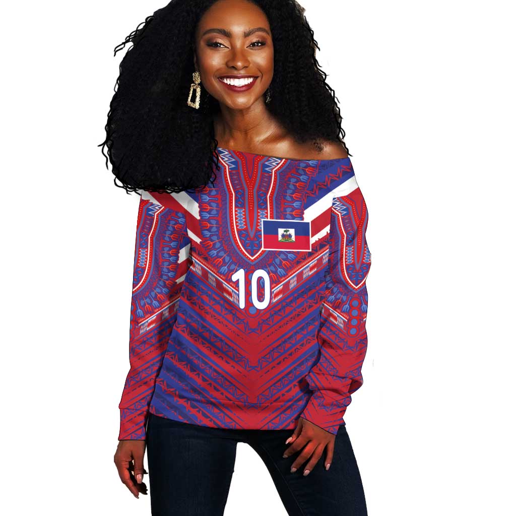 Custom Haiti National Football Off Shoulder Sweater Dashiki Sporty Style - Wonder Print Shop