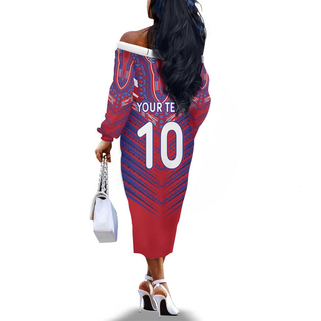 Custom Haiti National Football Off The Shoulder Long Sleeve Dress Dashiki Sporty Style - Wonder Print Shop