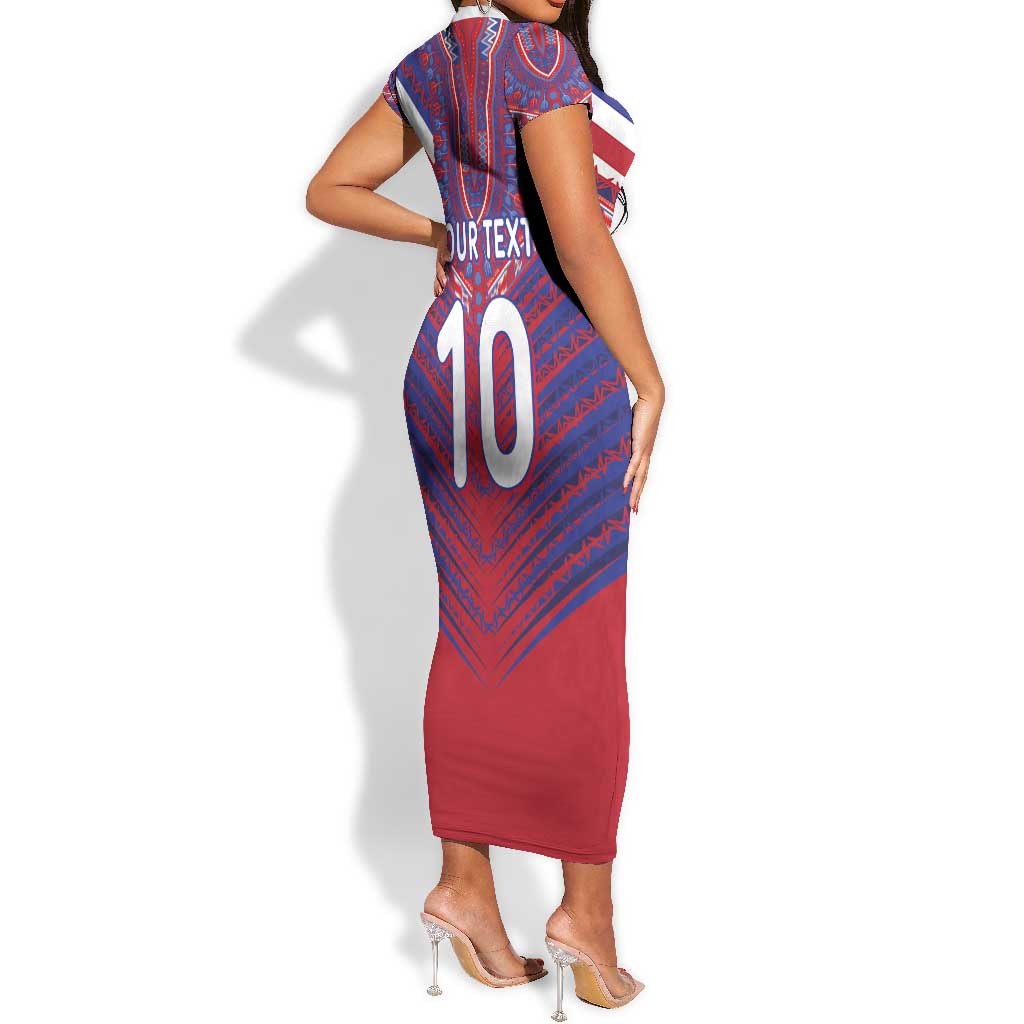 Custom Haiti National Football Short Sleeve Bodycon Dress Dashiki Sporty Style - Wonder Print Shop