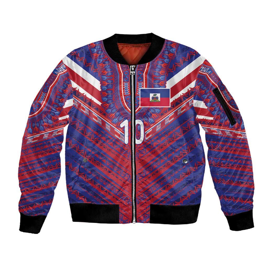 Custom Haiti National Football Sleeve Zip Bomber Jacket Dashiki Sporty Style - Wonder Print Shop