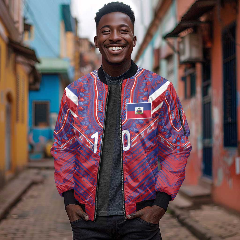 Custom Haiti National Football Sleeve Zip Bomber Jacket Dashiki Sporty Style - Wonder Print Shop