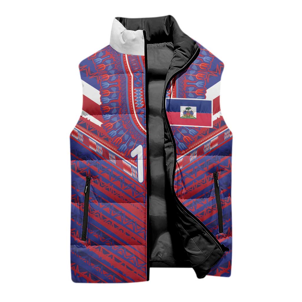 Custom Haiti National Football Sleeveless Puffer Jacket Dashiki Sporty Style - Wonder Print Shop