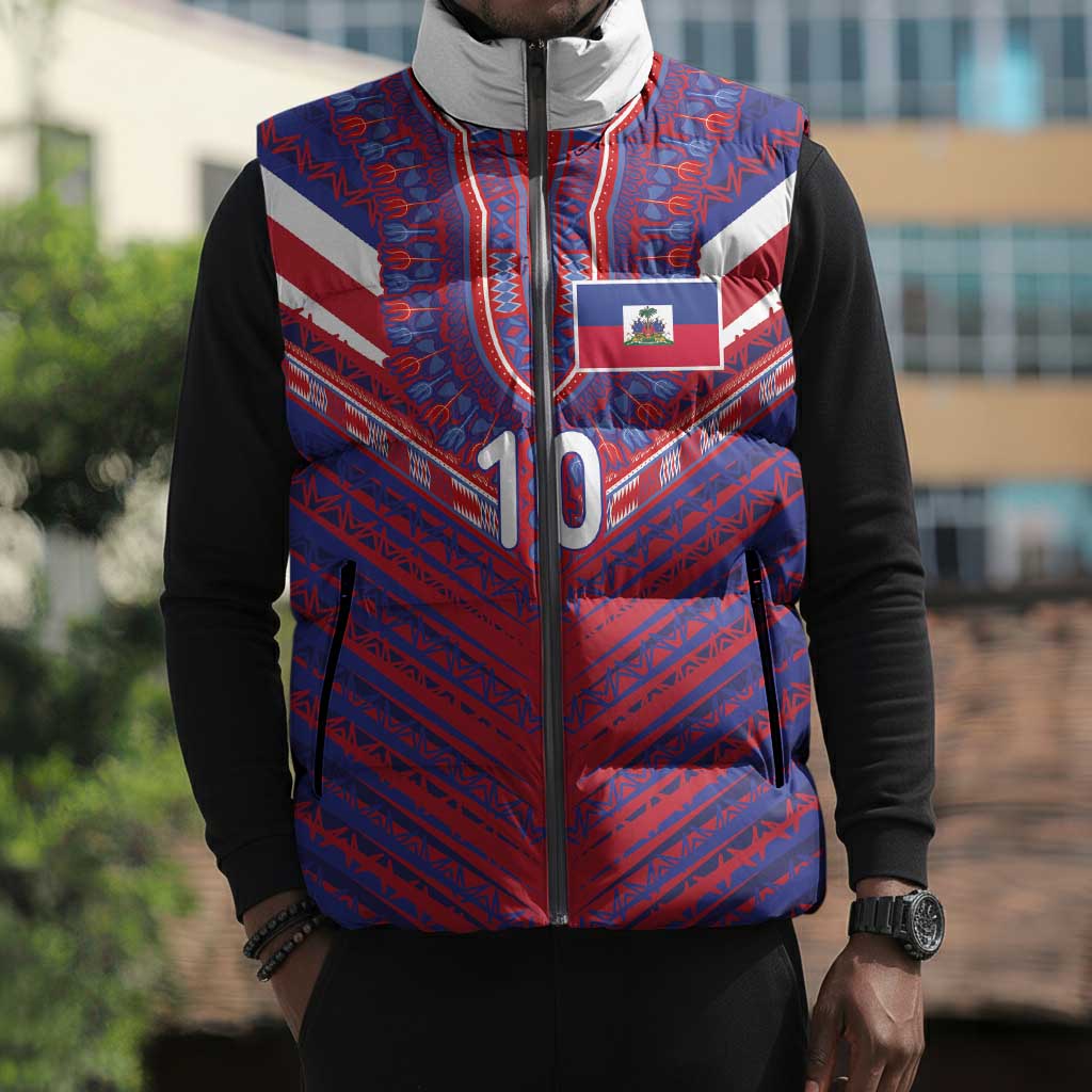 Custom Haiti National Football Sleeveless Puffer Jacket Dashiki Sporty Style - Wonder Print Shop
