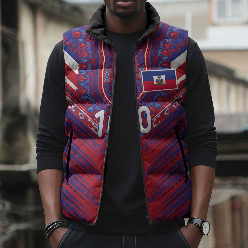 Custom Haiti National Football Sleeveless Puffer Jacket Dashiki Sporty Style - Wonder Print Shop