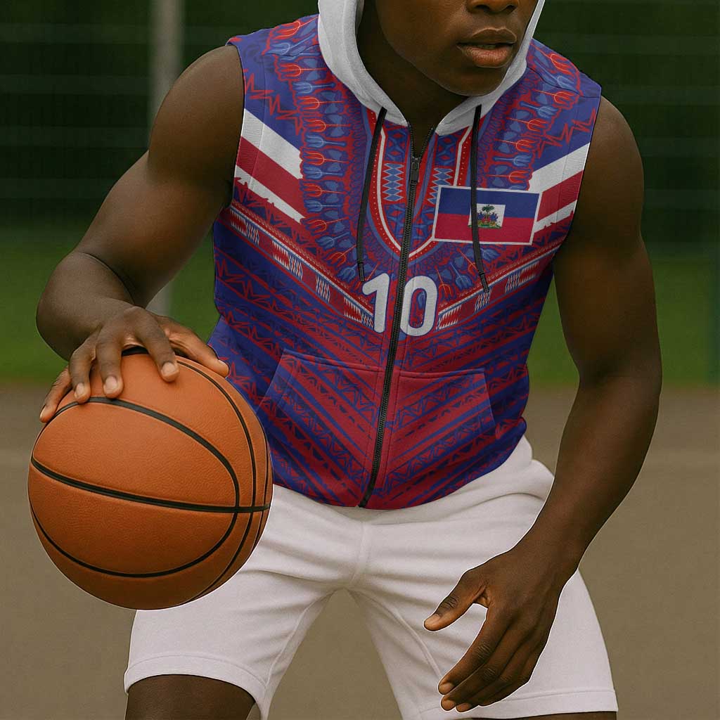 Custom Haiti National Football Sleeveless Zip Hoodie Dashiki Sporty Style - Wonder Print Shop
