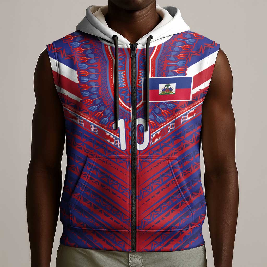 Custom Haiti National Football Sleeveless Zip Hoodie Dashiki Sporty Style - Wonder Print Shop