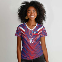 Custom Haiti National Football Women V-Neck T-Shirt Dashiki Sporty Style - Wonder Print Shop