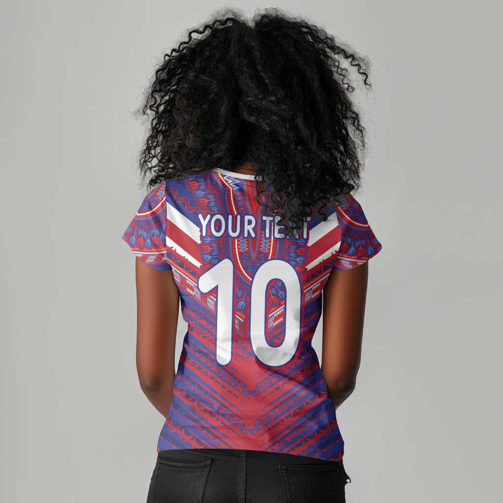 Custom Haiti National Football Women V-Neck T-Shirt Dashiki Sporty Style - Wonder Print Shop