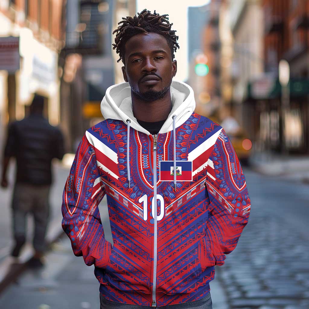 Custom Haiti National Football Zip Hoodie Dashiki Sporty Style - Wonder Print Shop