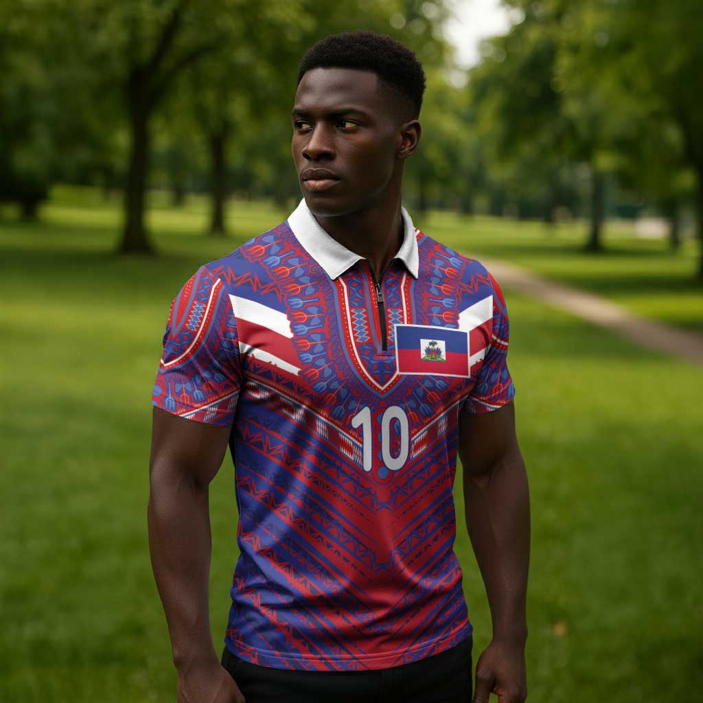 Custom Haiti National Football Zipper Polo Shirt Dashiki Sporty Style - Wonder Print Shop