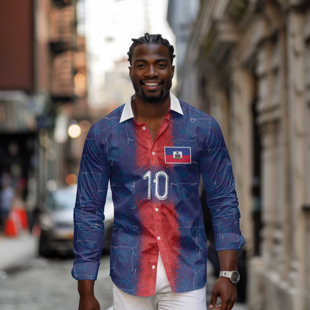 Custom Haiti National Football Long Sleeve Button Shirt Haiti Emblems Motif - Wonder Print Shop