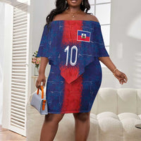 Custom Haiti National Football Off Shoulder Short Dress Haiti Emblems Motif - Wonder Print Shop
