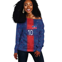 Custom Haiti National Football Off Shoulder Sweater Haiti Emblems Motif - Wonder Print Shop