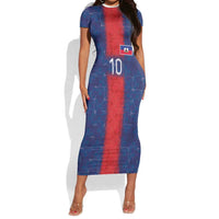 Custom Haiti National Football Short Sleeve Bodycon Dress Haiti Emblems Motif - Wonder Print Shop