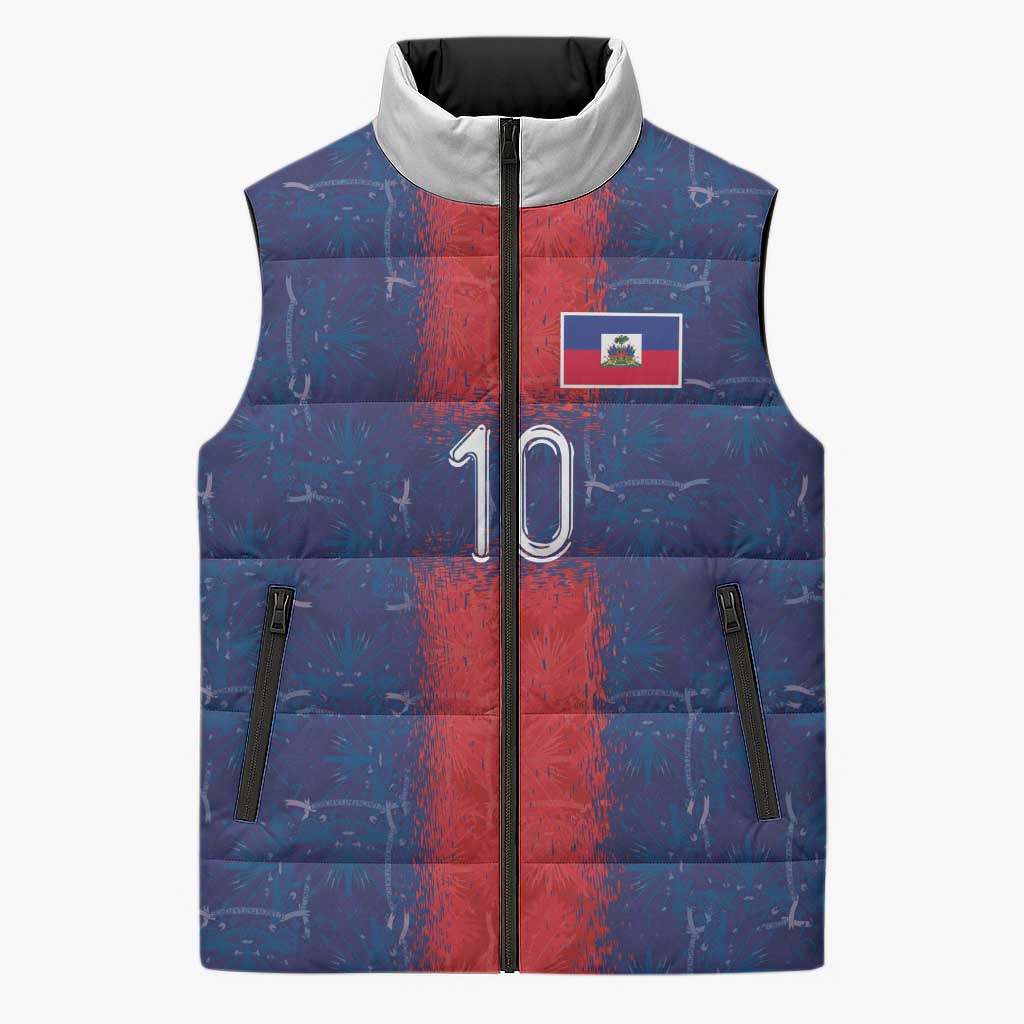Custom Haiti National Football Sleeveless Puffer Jacket Haiti Emblems Motif - Wonder Print Shop