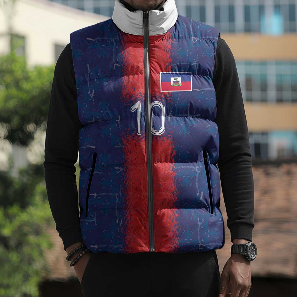 Custom Haiti National Football Sleeveless Puffer Jacket Haiti Emblems Motif - Wonder Print Shop