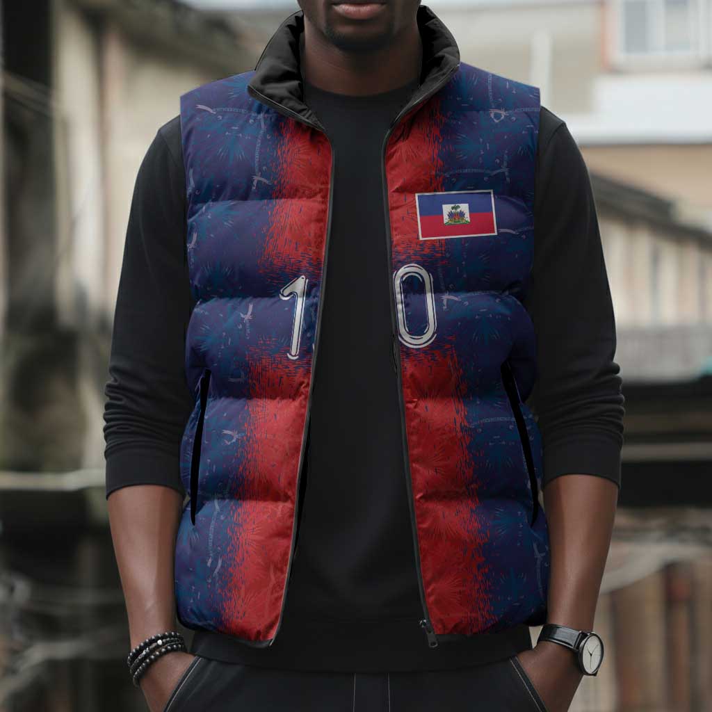 Custom Haiti National Football Sleeveless Puffer Jacket Haiti Emblems Motif - Wonder Print Shop